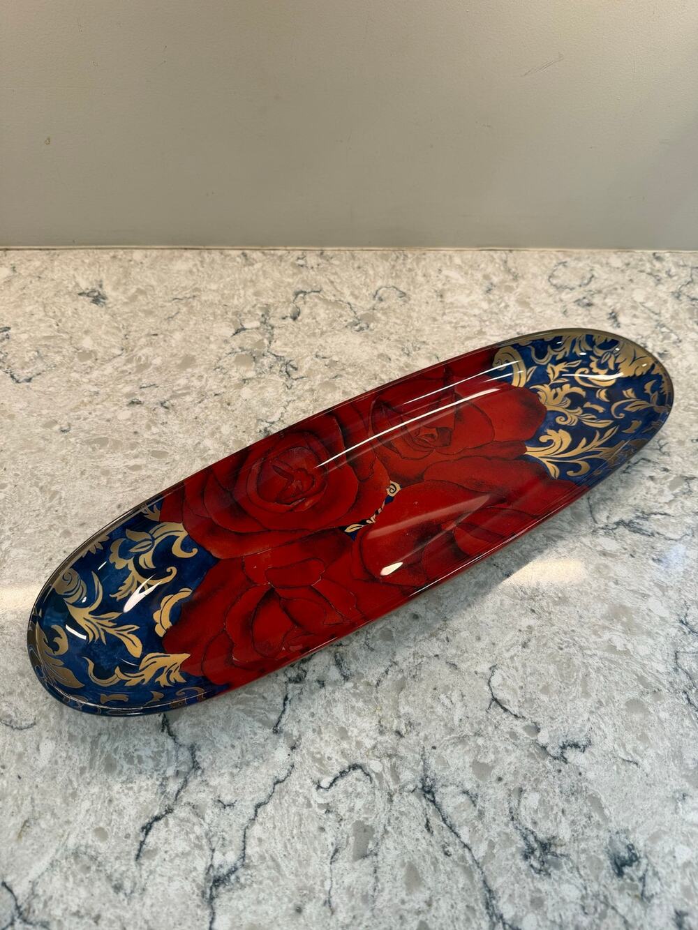 20" Long Decorative Glass Dish w Red Roses and Blue & Gold Floral Accents JL